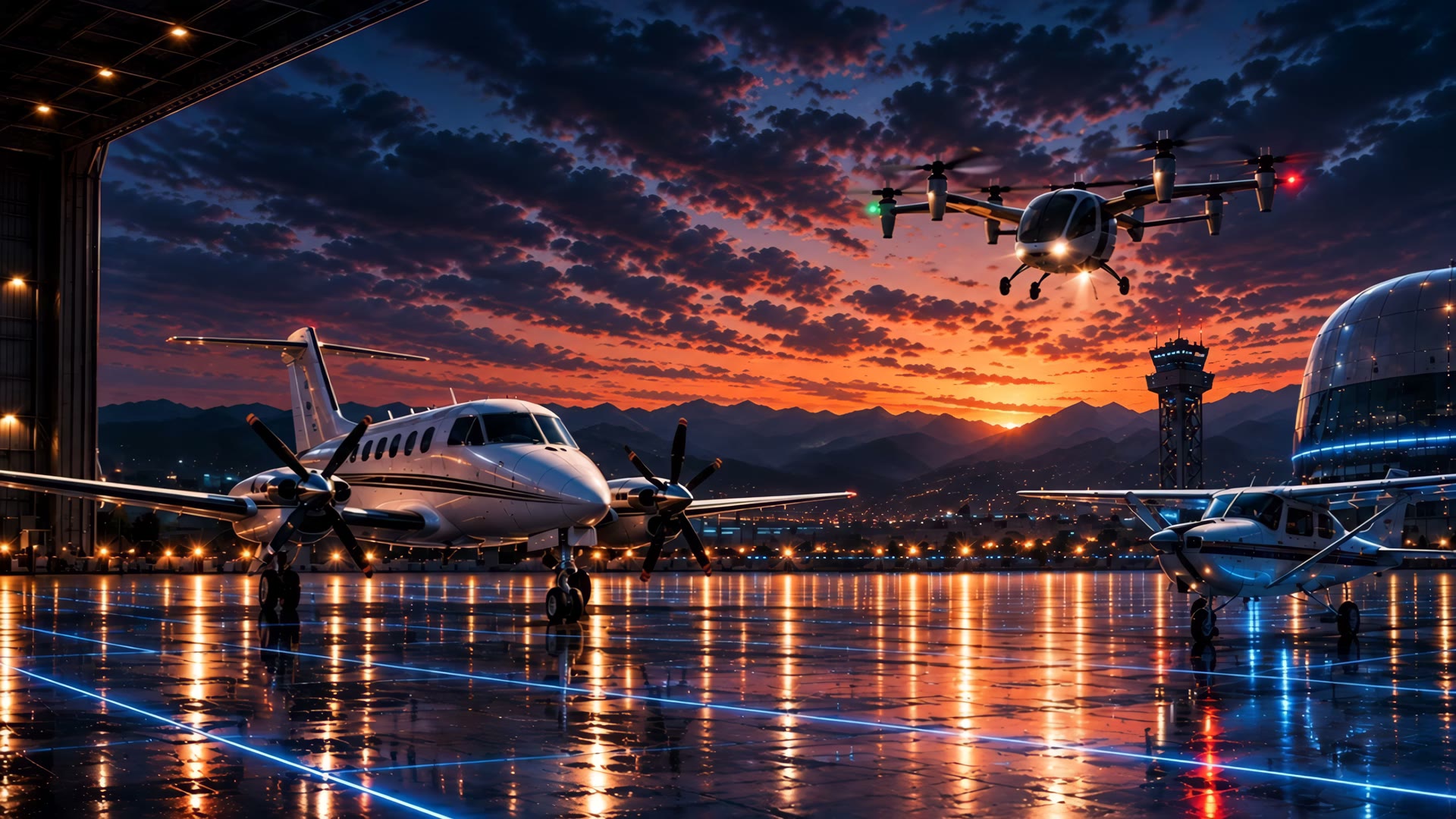 A pilot in a RightSeat jacket on a lit ramp at dusk, a business jet and a trainer behind